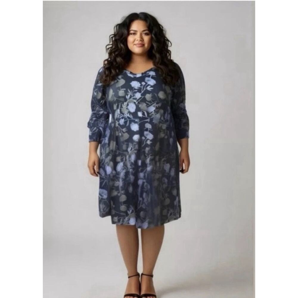 Lularoe New Ava Long Puff Sleeves V Neck Blue Green Dress Plus 2XL